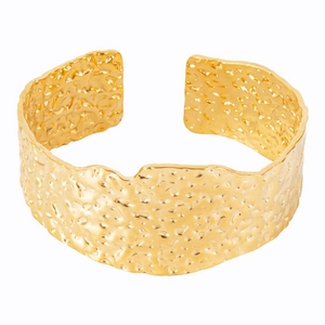 Adjustable gold titanium steel open bangle with unique hammered lava texture for women