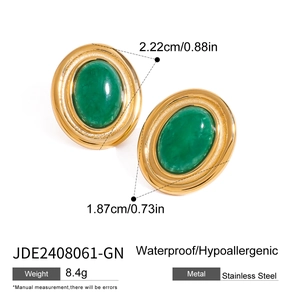 Detail of green oval stone earrings in golden stainless steel with dimensions and weight
