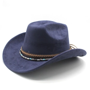 Chapeau de cowboy en daim bleu marine avec bandeau bohème en cuir et perles turquoise