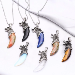 Retro Wolfskop Tand Hanger Ketting Koper Natuursteen Punk Gothic Stijl Sieraden Voor Heren Dames