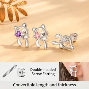 Cat Bow Knot Screw Stud Earring Heart Zircon Titanium Steel Earring Post Cartilage Piercing Cute Jewelry For Women