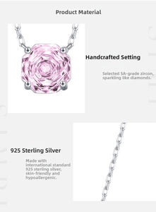 Close-up of S925 sterling silver necklace with pink octagon cut cubic zirconia pendant