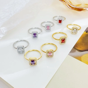 Rectangle Zircon Halo Ring Stainless Steel Titanium Emerald Cut Colorful Stone Elegant Jewelry For Women