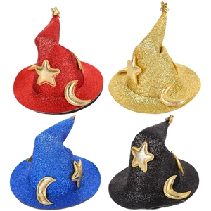 Set of 4 glitter mini witch hats in red, gold, blue, and black for Halloween DIY crafts