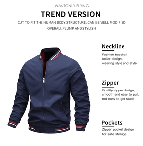 Detail of navy bomber jacket featuring classic red and white striped ribbed collar and cuffs