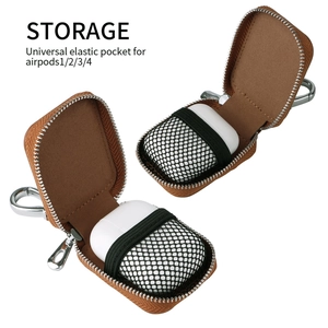 Brown leather zipper case for AirPods 1 2 3 4 featuring elastic pocket and metal hook