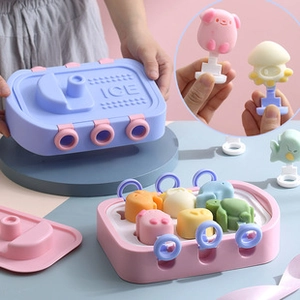 Detail of silicone ice pop molds featuring cute animal shapes like pig and octopus