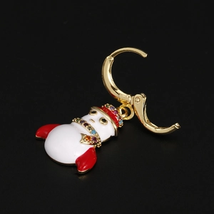 Detailed view of snowman Christmas earrings with colorful crystals and enamel finish