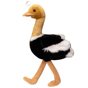 Realistic ostrich plush toy with soft black feathers and white wing accents on white background