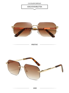 Detail view of M5227 rimless square sunglasses with gradient tea lenses and gold frame