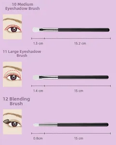 Detailed size chart for 15-piece wood handle eyeshadow and blending makeup brush set