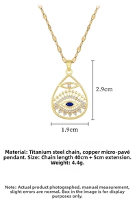 Detailed view of evil eye necklace with teardrop pendant and crystal micro-pave