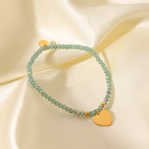 Vintage green natural stone beaded bracelet with gold stainless steel heart charm