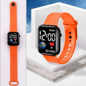 Orange digital sports watch for students with LED display and silicone strap
