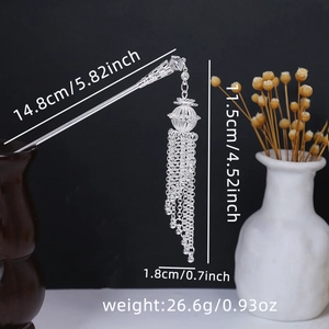 Detailed size specifications for silver hair pin with lantern tassel and turquoise flower