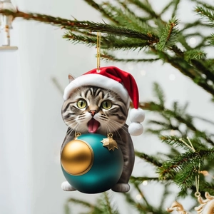 Close-up of a tabby cat ornament with a red Christmas hat holding a teal festive bauble
