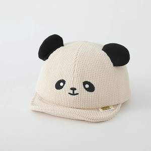 Close-up of baby corduroy baseball cap with 3D panda ears and soft brim detail