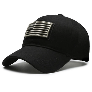 Tactical black baseball cap featuring monochromatic embroidered USA flag patch and stitched brim