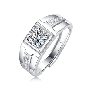 Macro view of adjustable silver ring featuring a square-cut solitaire stone and pave side accents