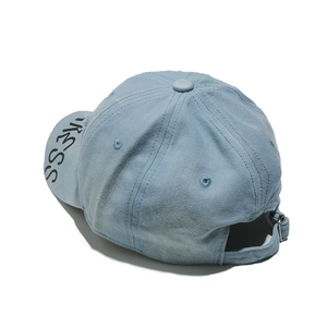 Detailed back view of light blue baseball cap with PRESS lettering on the brim