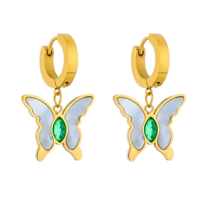 Butterfly Hoop Earrings Stainless Steel Gold Plated Green Zircon White Mother Of Artificial Pearl Elegant Pastoral Style Women