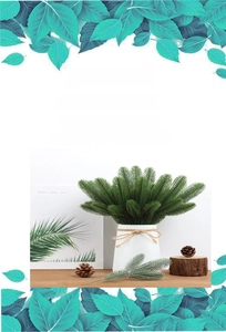 Close-up of lifelike dark green trident pine needles in a white ceramic vase with pine cones