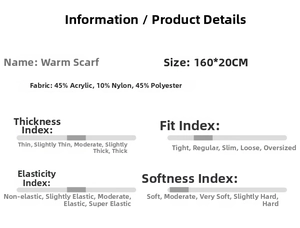 Detail shot of the warm knit scarf fabric composition and technical specifications