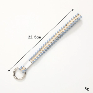 Blue and white braided wrist strap keychain with gold thread and metal ring, 22.5cm long