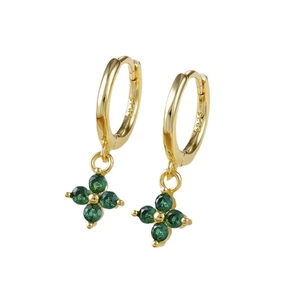 Elegant gold S925 silver hoop earrings with four-leaf green gemstone floral pendants