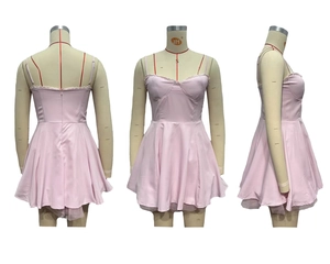 Three-view display of a light pink mini dress featuring corset bodice and layered tulle hem
