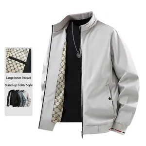 Men's light grey casual stand collar jacket with large inner pocket and ribbed cuffs