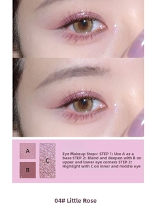 Detailed palette layout of rose pink eye shadow with shimmer and matte finishes