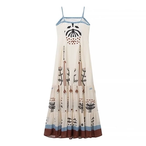 Detail of tiered bohemian maxi dress featuring floral patterns and mesh stitching