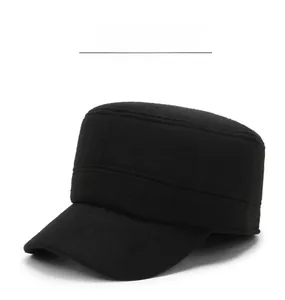 Detail of black wool flat top military cap featuring a silver star metal badge for men