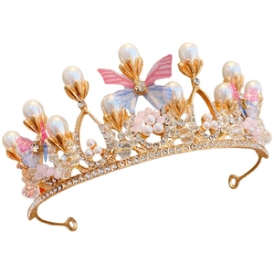 Golden princess crown for girls with sparkling rhinestones, pearls and mesh butterflies