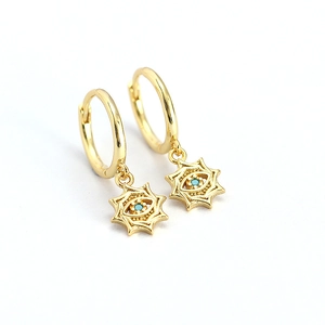 Golden Evil Eye hoop earrings with blue stone and starburst charm for women