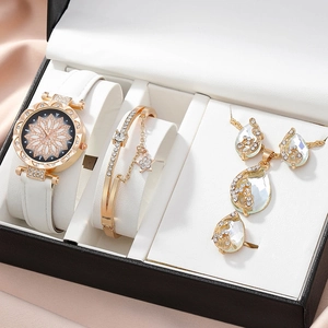 Ladies Quartz Watch And Jewelry Accessories Faux Leather Strap Rhinestone Flower Rotating Dial Necklace Earrings Bracelet Ring