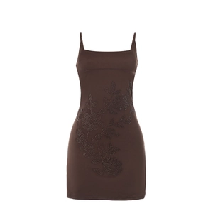 Deep brown bodycon mini dress with rhinestone floral patterns and camisole straps
