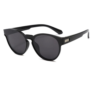 Classic black cat-eye polarized sunglasses with silver metal temple accents on white background