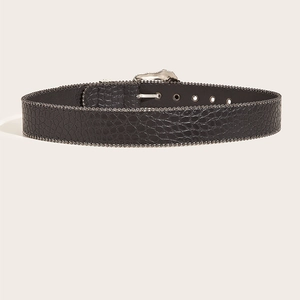 Retro black crocodile pattern leather belt with metal chain trim and classic buckle