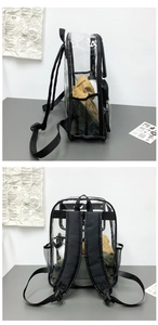 Viste dettagliate del lato e del retro di uno zaino in PVC trasparente impermeabile con bordi neri