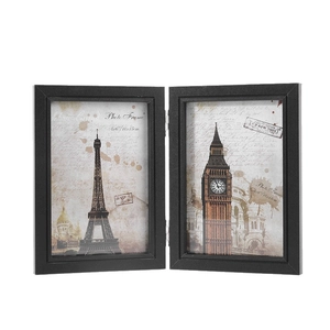 Foldable black 4x6 inch double photo frame with vintage Eiffel Tower and Big Ben prints