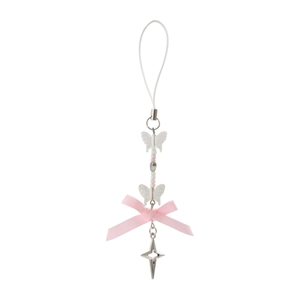 Close-up of pink ribbon bow and white butterfly beads on a star charm keychain