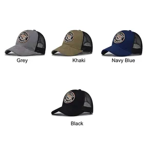 Suede bird embroidered trucker hats in grey, khaki, navy, and black with mesh back