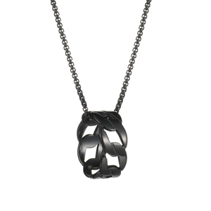 Detail shot of black stainless steel chain pendant with sleek industrial punk links