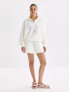 Ensemble blanc femme sweat à demi-zip et short avec imprimé graphique Vintage Vibes