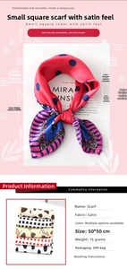 Detail of 50x50cm pink satin scarf showing vintage polka dot and chain print texture
