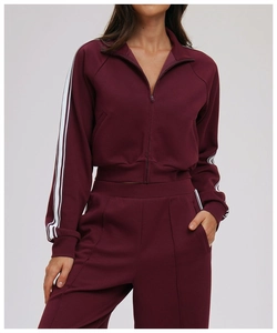 Close-up of burgundy tracksuit jacket with stand-up collar and signature side stripes