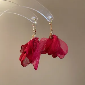 Elegant red chiffon fabric flower drop earrings with golden long oval ring hooks