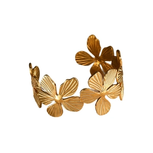 Elegant 18k gold plated stainless steel cuff bracelet with textured floral leaf motifs